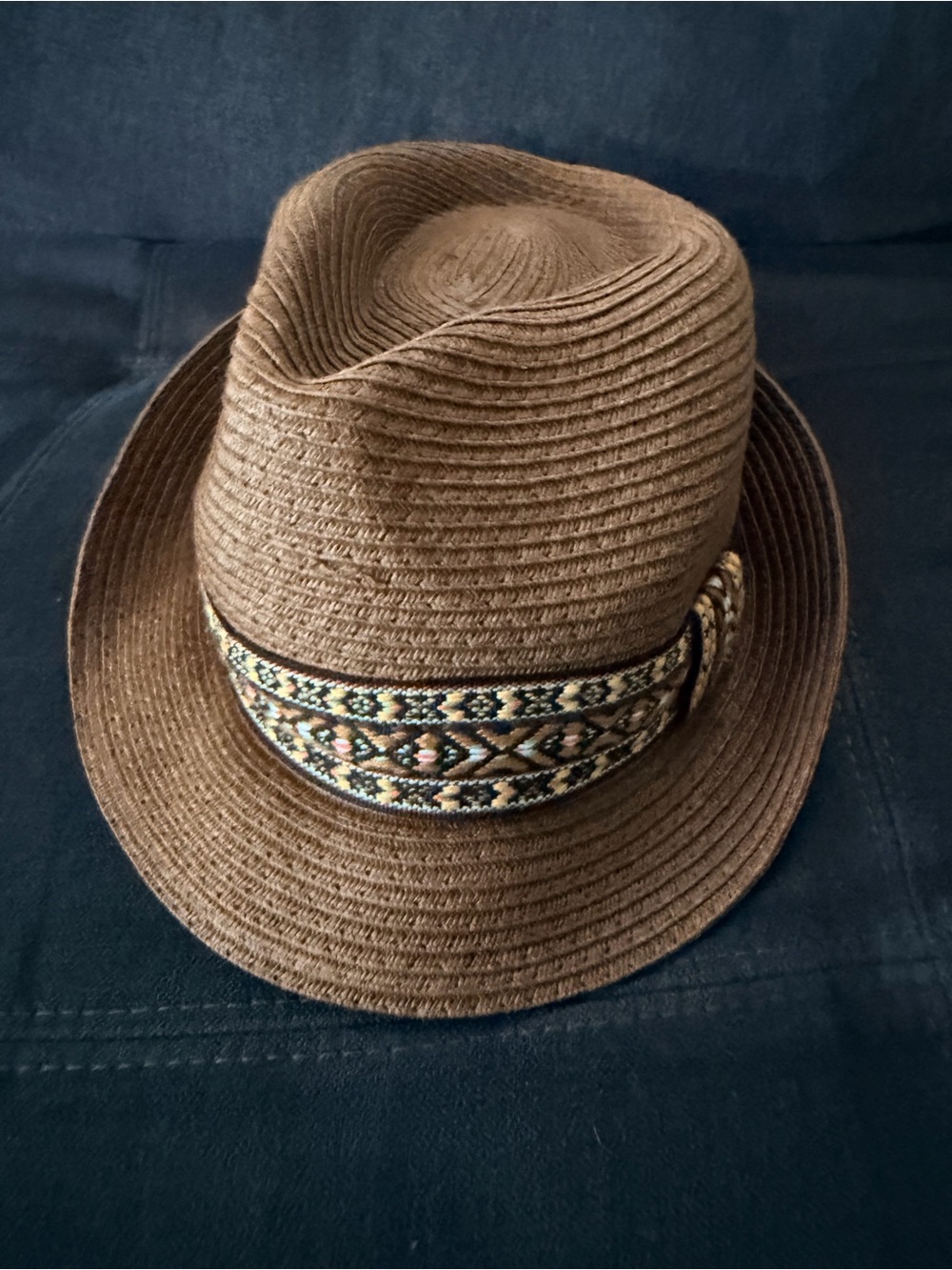 Brown Straw Fedora Hat with Decorative Tribal Band